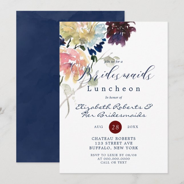 Burgundy Navy Blush Peony Bridesmaids Luncheon  (Front/Back)