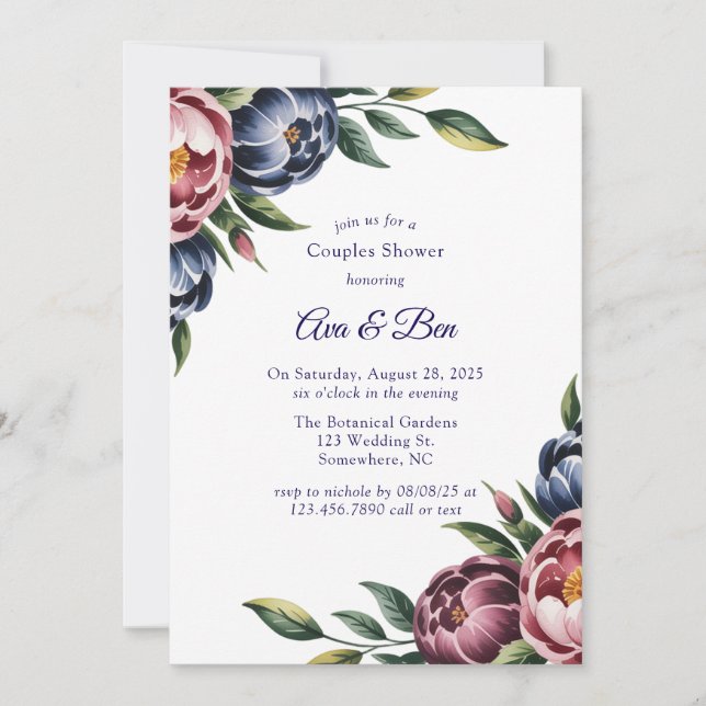 Burgundy Navy Blush Peony Couples Shower Invitation (Front)