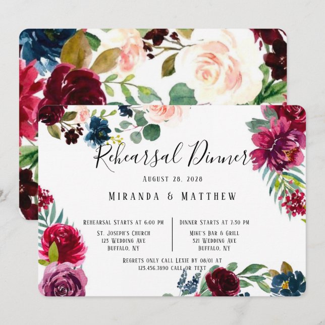 Burgundy Navy Blush Peony Rehearsal Dinner Invitation (Front/Back)