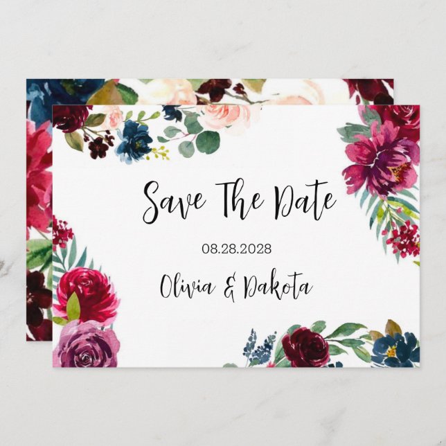 Burgundy Navy Blush Peony Save The Date Cards (Front/Back)