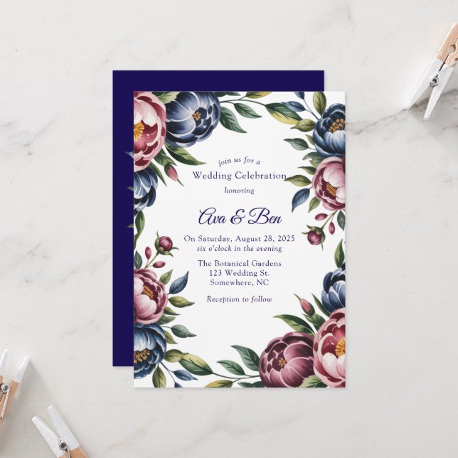Burgundy Navy Blush Peony Wedding Invitation (Front/Back In Situ)