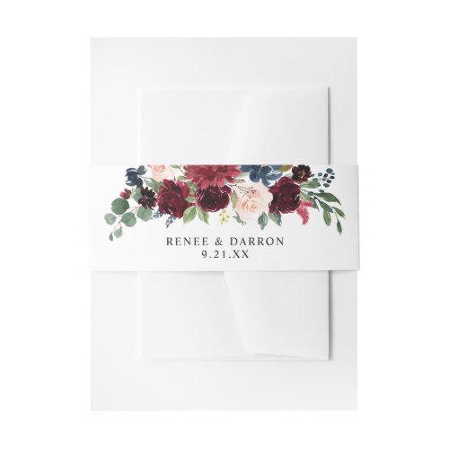 Burgundy  Navy Blush Pink Floral 2 Invitation Belly Band