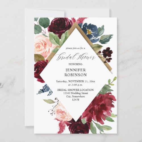 Burgundy Navy  Blush Pink Floral Bridal Shower Invitation