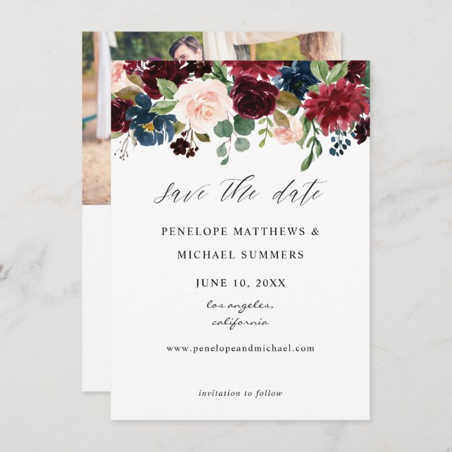 Burgundy, Navy & Blush Pink Floral Photo Save The Date (Front/Back)