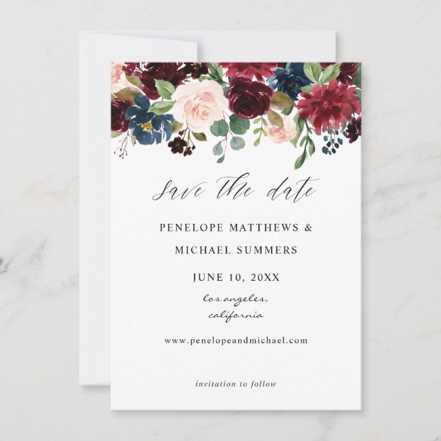 Burgundy, Navy & Blush Pink Floral Save The Date (Front)