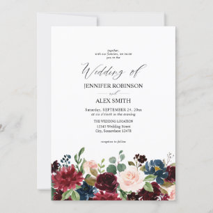 Burgundy & Navy, Blush Pink Floral Wedding 2 Invitation