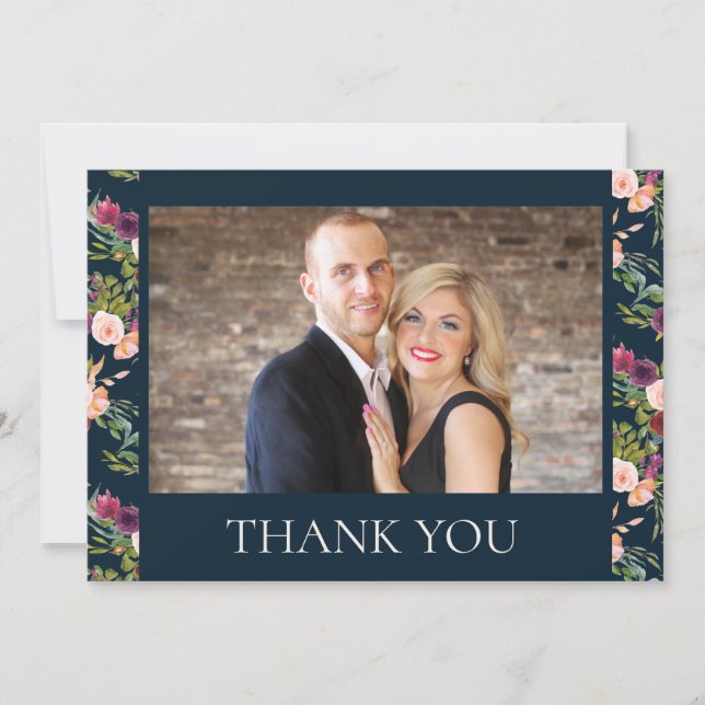 Burgundy Navy Blush Pink Floral Wedding Thank You (Front)