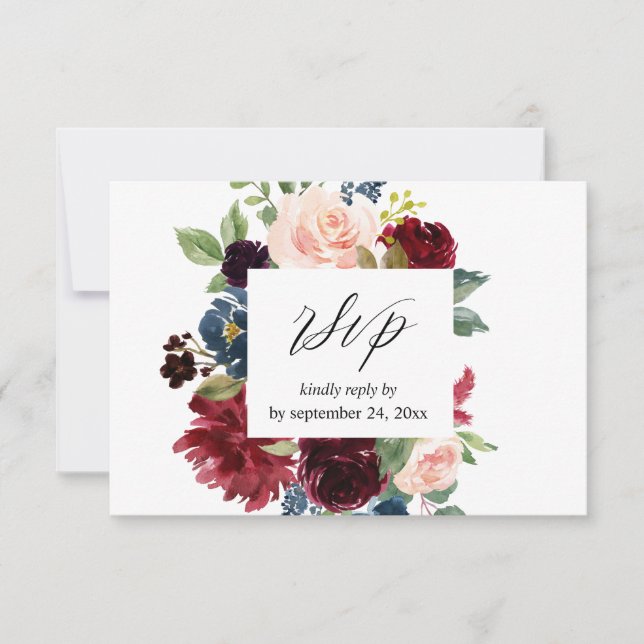 Burgundy & Navy, Blush Pink Floral with Meal RSVP  (Front)