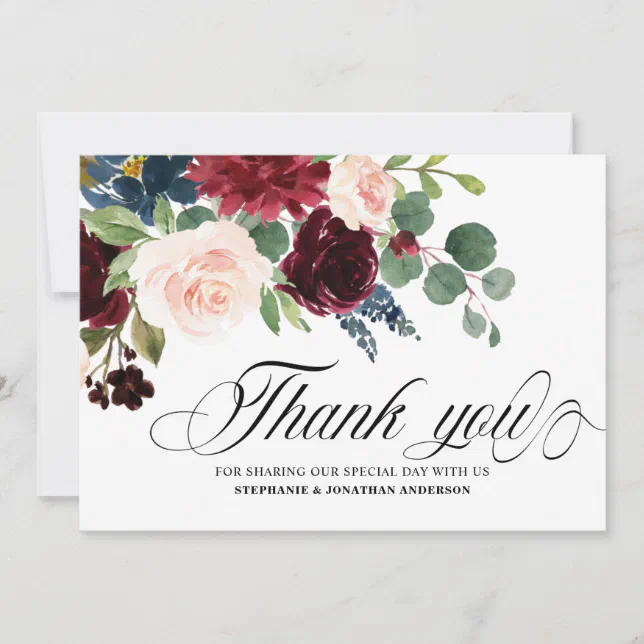 Burgundy Navy Blush Pink Florals Botanical Thank You Card | Zazzle