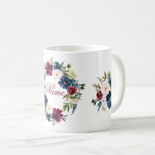 Burgundy Navy Blush Roses Peonies Wreath Name Coffee Mug