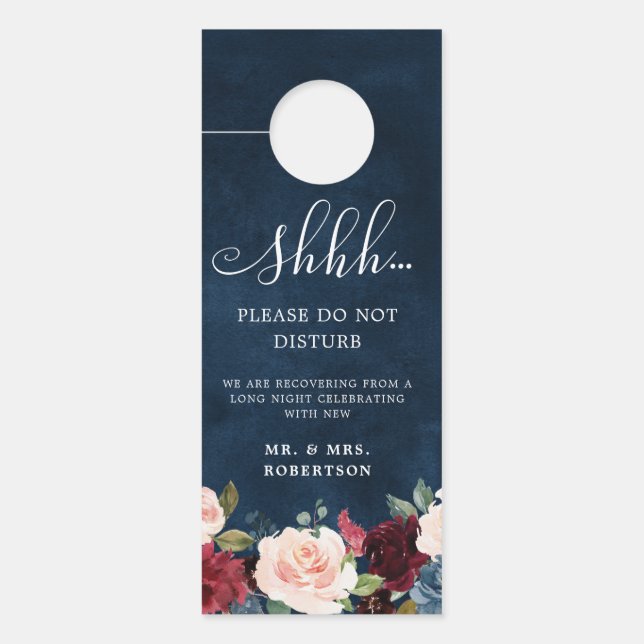 Burgundy Navy Blush Roses Wedding Do Not Disturb Door Hanger (Front)
