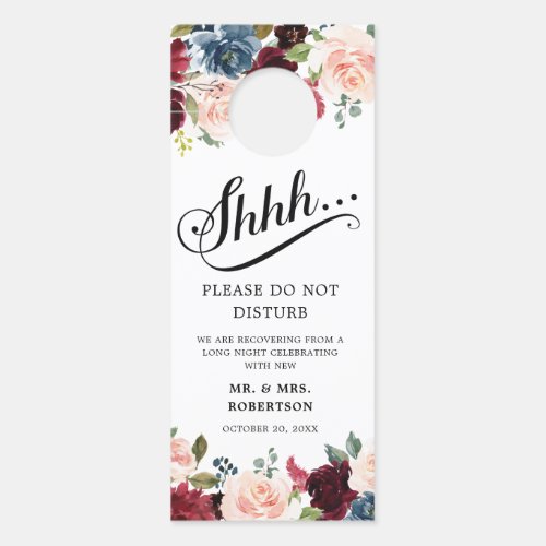 Burgundy Navy Blush Roses Wedding Do Not Disturb Door Hanger