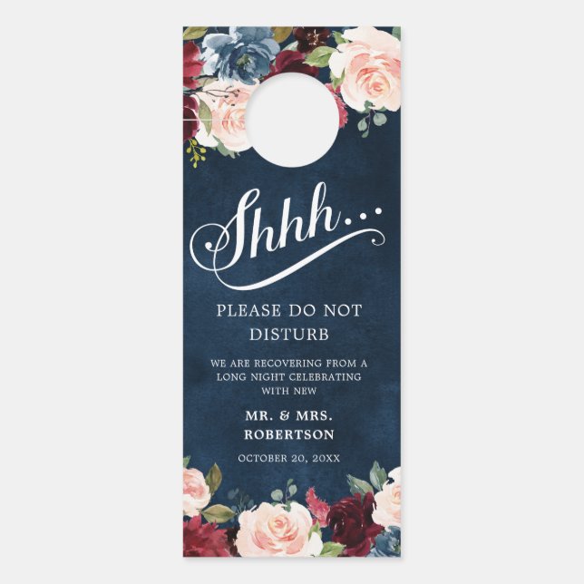 Burgundy Navy Blush Roses Wedding Do Not Disturb Door Hanger (Front)
