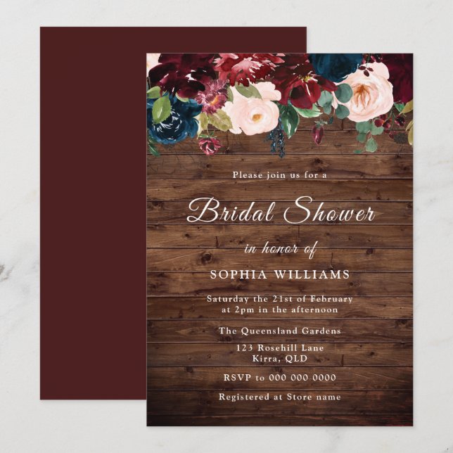 Burgundy, Navy Blush Rustic Wood Bridal Shower Invitation (Front/Back)