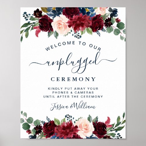 Burgundy Navy Blush Unplugged Wedding Ceremony Poster