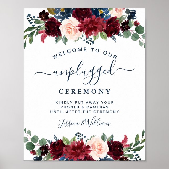 Burgundy Navy Blush Unplugged Wedding Ceremony Poster (Front)