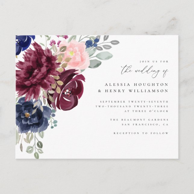 Burgundy, Navy & Blush Watercolor Floral Wedding Invitation Postcard (Front)
