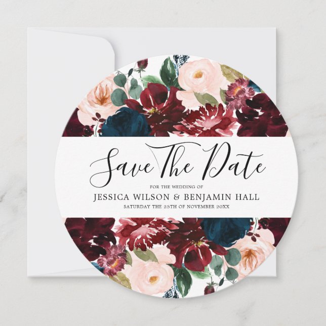 Burgundy Navy Blush Watercolor Flowers Save The Date (Front)
