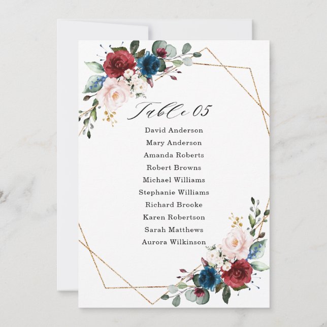 Burgundy Navy Blush Wedding Seating Chart Card (Back)