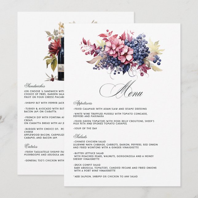 Burgundy, Navy & Blush Wine Tasting Floral Wedding Menu (Front/Back)