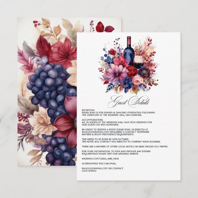 Burgundy, Navy & Blush Wine Tasting Guest Details Enclosure Card (Front/Back)