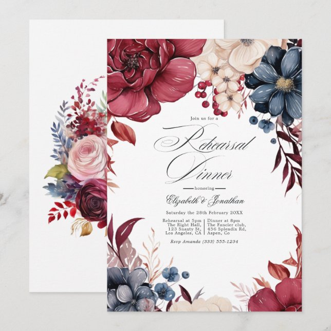 Burgundy, Navy & Blush Wine Theme Rehearsal Dinner Invitation (Front/Back)