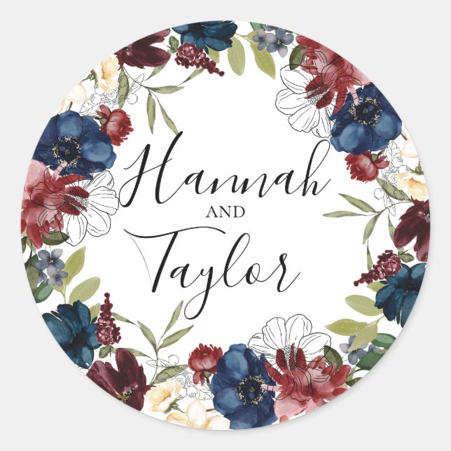 Burgundy Navy Botanical Wreath Wedding Classic Round Sticker (Front)