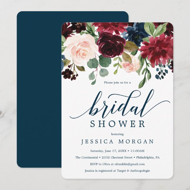 Burgundy Navy Bridal Shower Invitation Card (Front/Back)