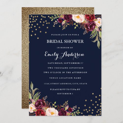 Burgundy Navy Confetti Floral Fall Bridal Shower Invitation