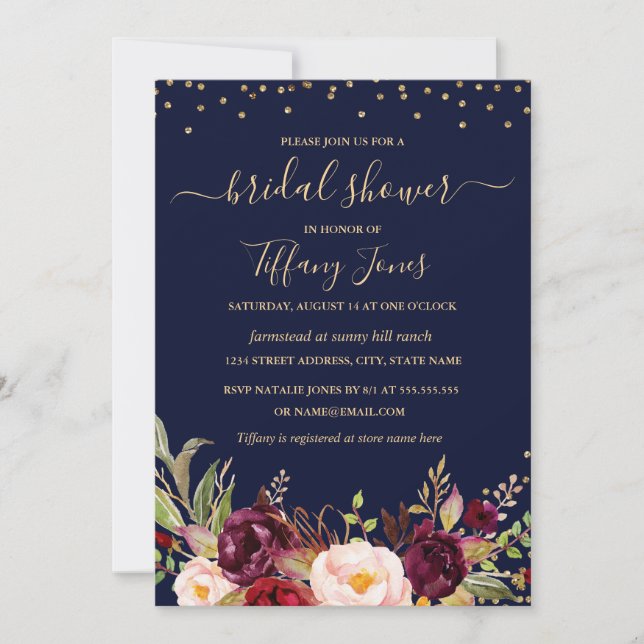 Burgundy Navy Confetti Floral Gold Bridal Shower Invitation (Front)