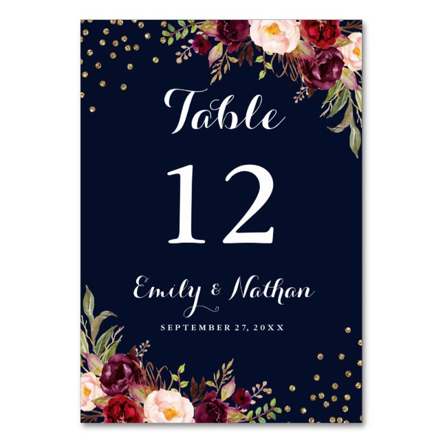 Burgundy Navy Confetti Floral Wedding Table Number (Front)