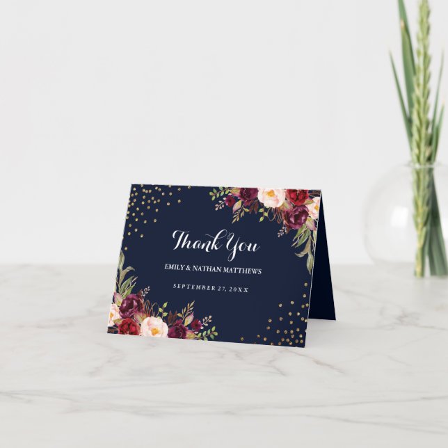 Burgundy Navy Confetti Floral Wedding Thank You (Front)