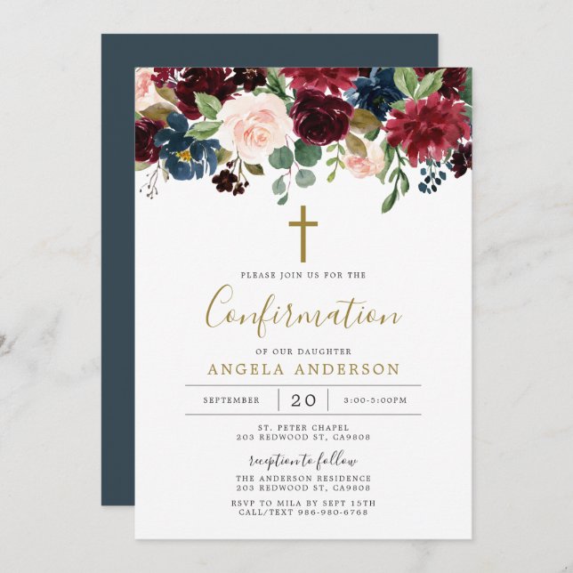 Burgundy Navy Confirmation Invitation (Front/Back)