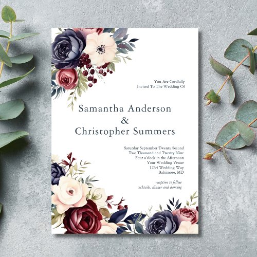 Burgundy Navy Cream Floral Watercolor Wedding Invitation