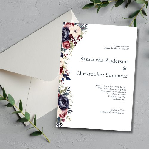 Burgundy Navy Cream Floral Watercolor Wedding Invitation