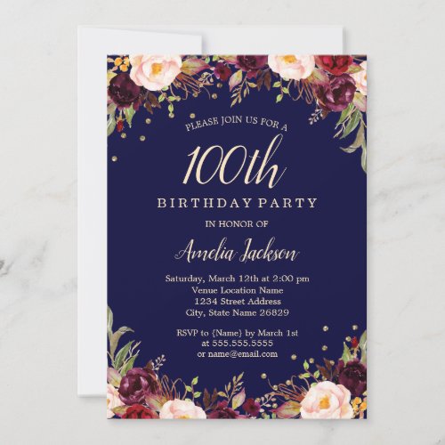 Burgundy Navy Elegant Floral 100th Birthday Party Invitation