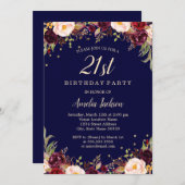 Burgundy Navy Elegant Floral 21st Birthday Party Invitation (Front/Back)