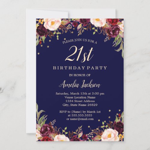 Burgundy Navy Elegant Floral 21st Birthday Party Invitation