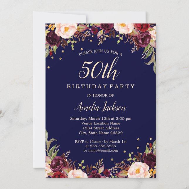 Burgundy Navy Elegant Floral 50th Birthday Party Invitation (Front)