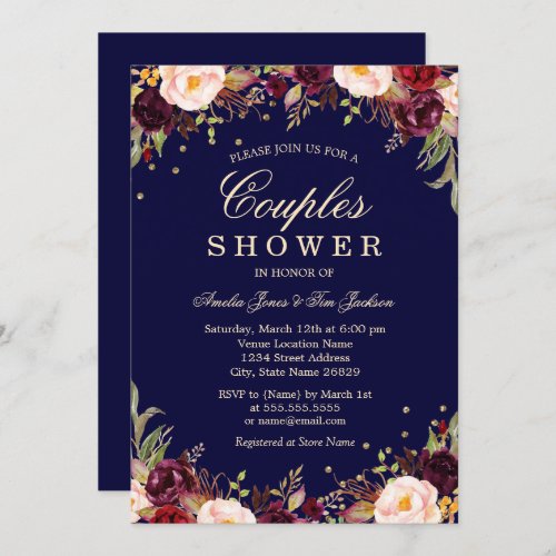 Burgundy Navy Elegant Floral Couples Shower Invitation