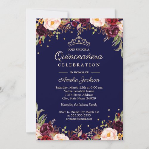 Burgundy Navy Elegant Floral Quinceanera Invitation