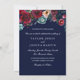 Burgundy Navy Elegant Floral Wedding Invitation
