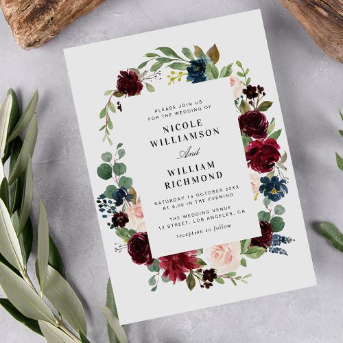 burgundy navy eucalyptus blush floral wedding invitation