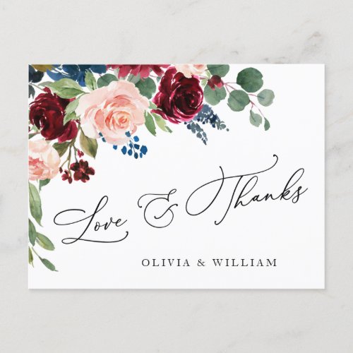 Burgundy Navy Eucalyptus Floral Thank You Postcard