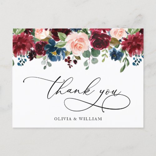 Burgundy Navy Eucalyptus Rose Floral Thank You Postcard