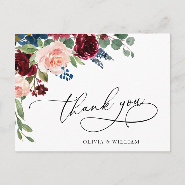 Burgundy Navy Eucalyptus Rose Floral Thank You Postcard (Front)