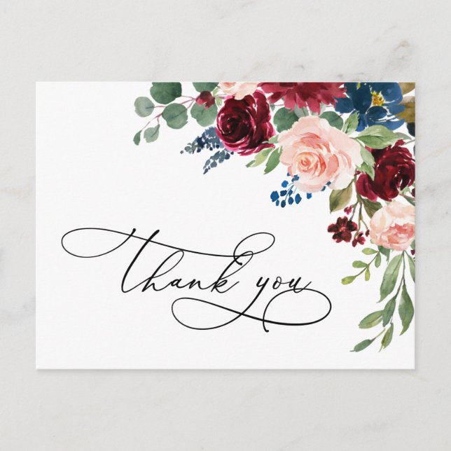 Burgundy Navy Eucalyptus Rose Floral Thank You Postcard (Front)