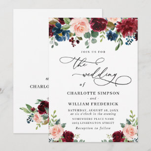 Burgundy Navy Eucalyptus Rose Greenery Wedding Invitation
