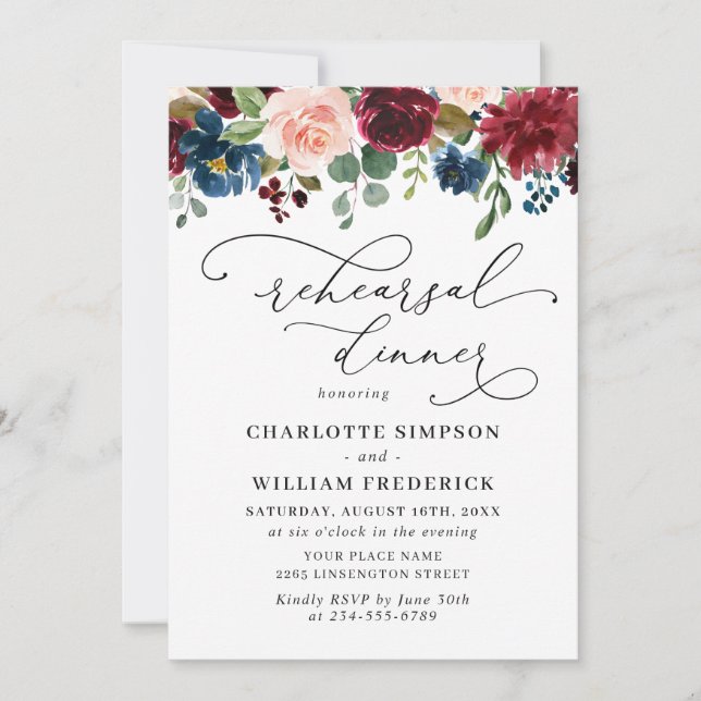 Burgundy Navy Eucalyptus Rose REHEARSAL DINNER Invitation (Front)