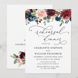 Burgundy Navy Eucalyptus Rose REHEARSAL DINNER Invitation